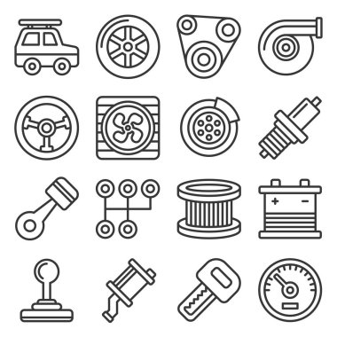 Otomotiv Servisi Simgeleri Beyaz Arkaplanda Ayarlandı. Satır Biçimi Vektörü