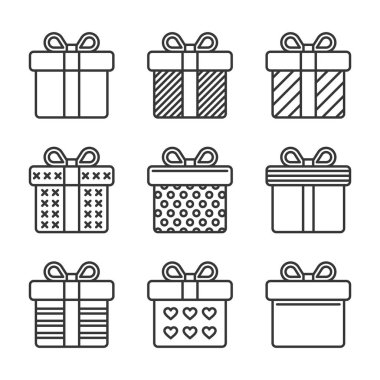 Hediye Kutusu Simgeleri Beyaz Arkaplanda Ayarlandı. Satır Biçimi Vektörü