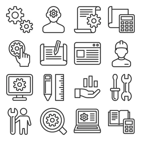 Engineering and Manufacture Icons Set on White Background (dalam bahasa Inggris). Vektor Gaya Garis - Stok Vektor