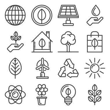 Beyaz Arkaplan Üzerine Ekoloji Simgeleri Ayarlandı. Satır Biçimi Vektörü