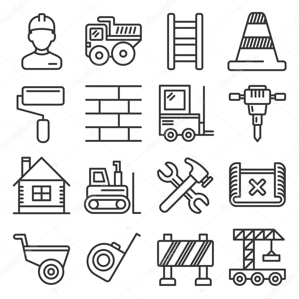 Engineering Building Construction Icons Set on White Background. Line Style Vector