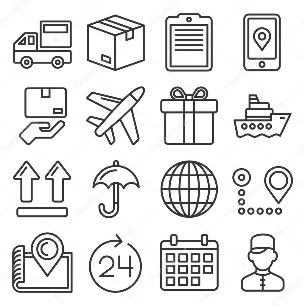Shipping and Delivery Icons Set on White Background. Line Style Vector