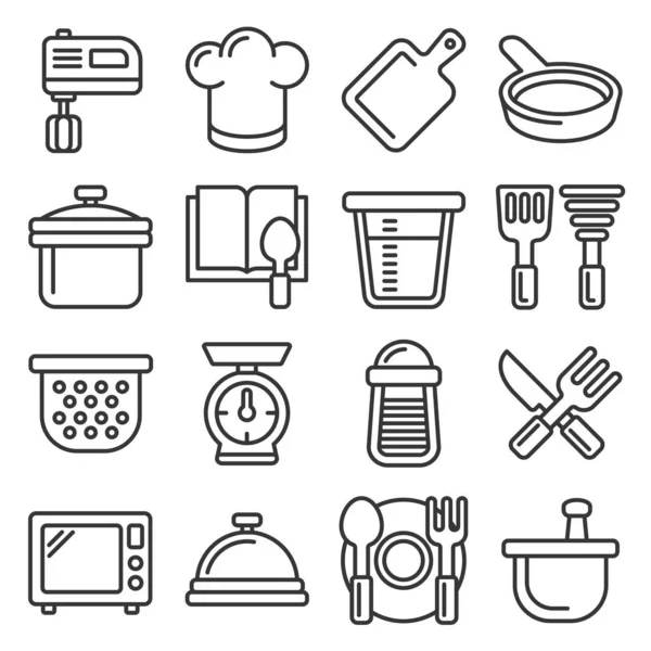 Keuken en koken Pictogrammen ingesteld op witte achtergrond. Lijnstijlvector — Stockvector