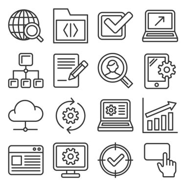 Seo ve İnternet Simgeleri Beyaz Arkaplanda Ayarlandı. Satır Biçimi Vektörü