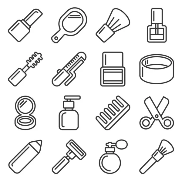 Schoonheid en cosmetische iconen ingesteld op witte achtergrond. Lijnstijlvector — Stockvector