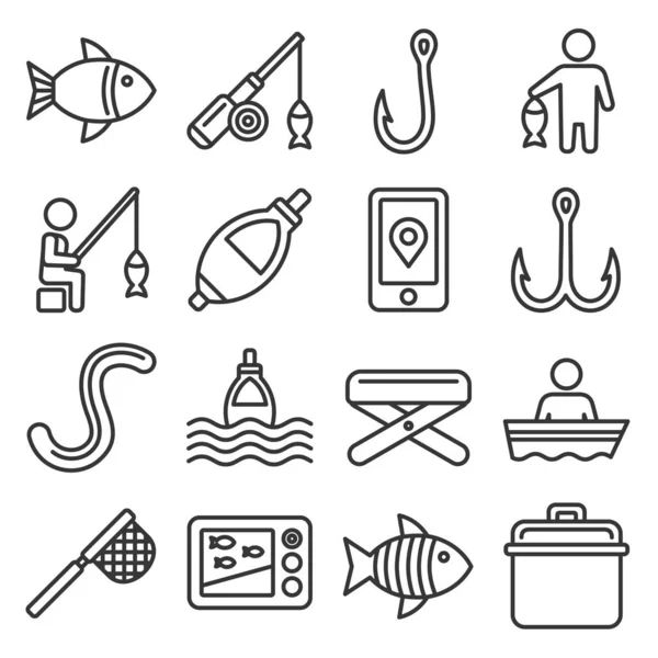 Icone di pesca impostato su sfondo bianco. Vettore stile linea — Vettoriale Stock