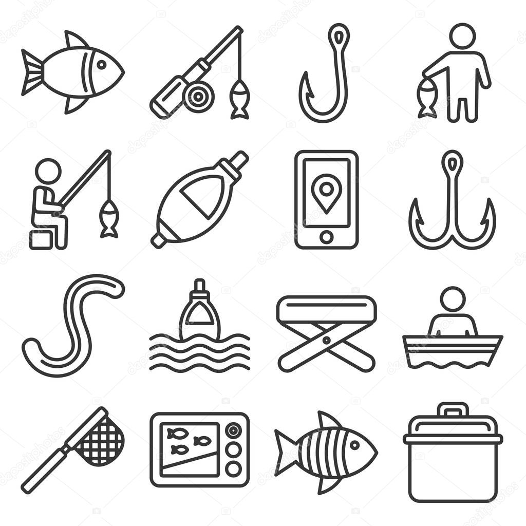 Fishing Icons Set on White Background. Line Style Vector