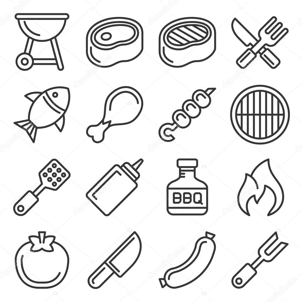 Barbecue and Grill Icons Set on White Background. Line Style Vector