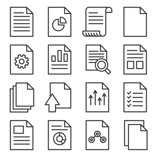 Document Report Related Icons Set on White Background (en inglés). Estilo de línea Vector — Archivo Imágenes Vectoriales