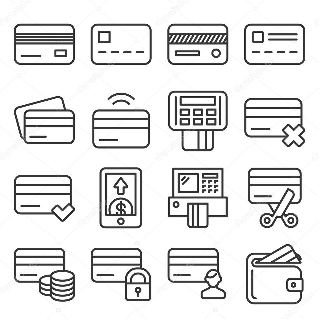Credit Cart Icons Set on White Background. Line Style Vector