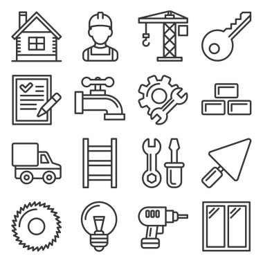 İnşaat Simgeleri Beyaz Arkaplanda Ayarlandı. Satır Biçimi Vektörü