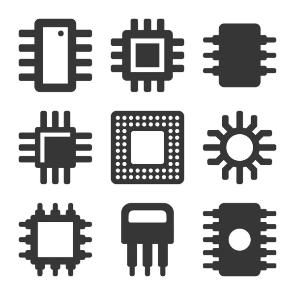 Conjunto de iconos de chip de CPU de computadora electrónica. Vector — Archivo Imágenes Vectoriales