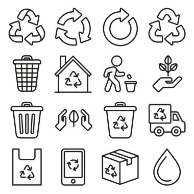 Çöp ve Geri Dönüşümle İlgili Simgeler Beyaz Arkaplanda Ayarlandı. Satır Biçimi Vektörü