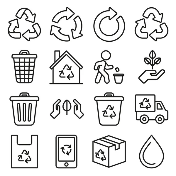 Śmieci i recykling Powiązane ikony Zestaw na białym tle. Wektor stylu linii — Wektor stockowy