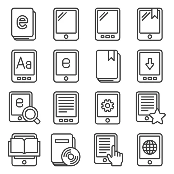 E-book Reader Icons Set on White Background. Estilo de línea Vector — Vector de stock