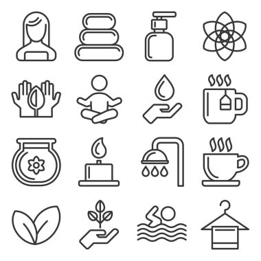 Beyaz Arkaplanda Spa Simgeleri Ayarlandı. Satır Biçimi Vektörü