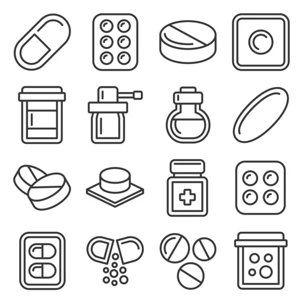 Tabletták, gyógyszerek és kapszulák ikonok készlet. Vonalas vektor — Stock Vector