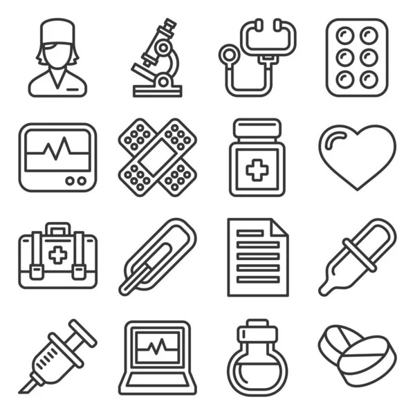 Iconos médicos y de salud ambientados en el fondo blanco. Estilo de línea Vector — Vector de stock