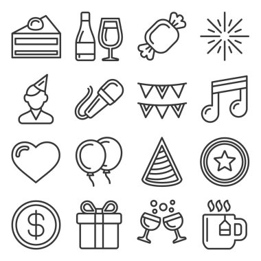 Party and Celebration Icons Set on White Background. Line Style Vector