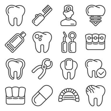Dental Icons Set on White Background. Line Style Vector