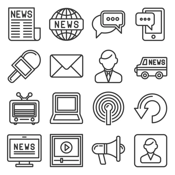 News Media Icons Set on White Background (en inglés). Estilo de línea Vector — Vector de stock