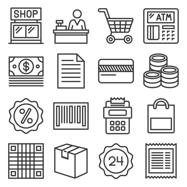 Conjunto de iconos de finanzas y compras. Estilo de línea Vector — Vector de stock