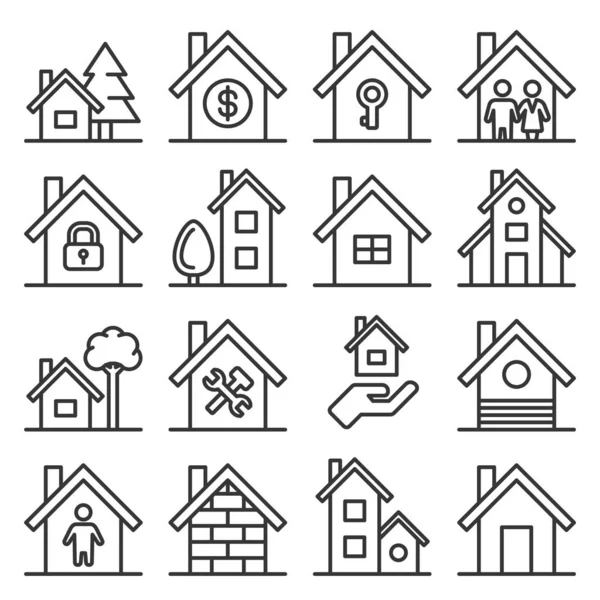 House Icons Set valkoisella taustalla. Linjatyylinen vektori — vektorikuva