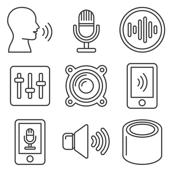 Conjunto de dispositivos inteligentes de voz con iconos de onda de sonido. Estilo de línea Vector — Vector de stock