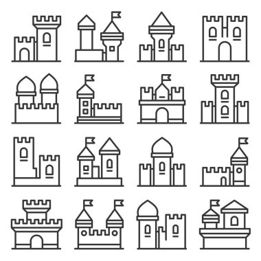 Beyaz arka plan üzerinde kale Icon Set. Satır stil vektör