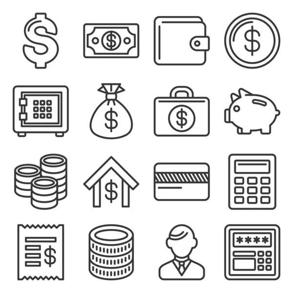 Geld en bancaire Pictogram Set. Lijnstijlvector — Stockvector