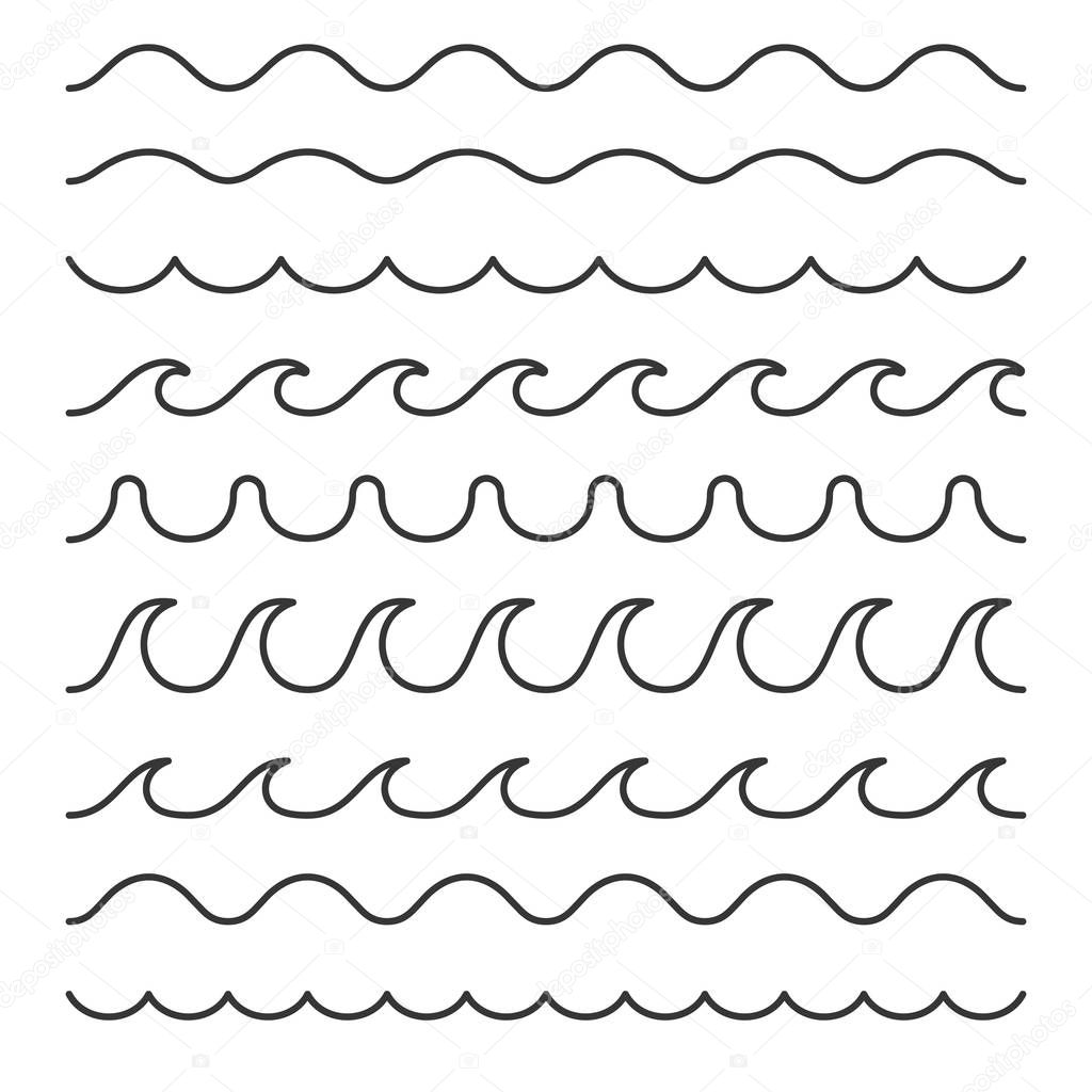 Seamless Wave Pattern Set on White Background. Line Style Vector Template