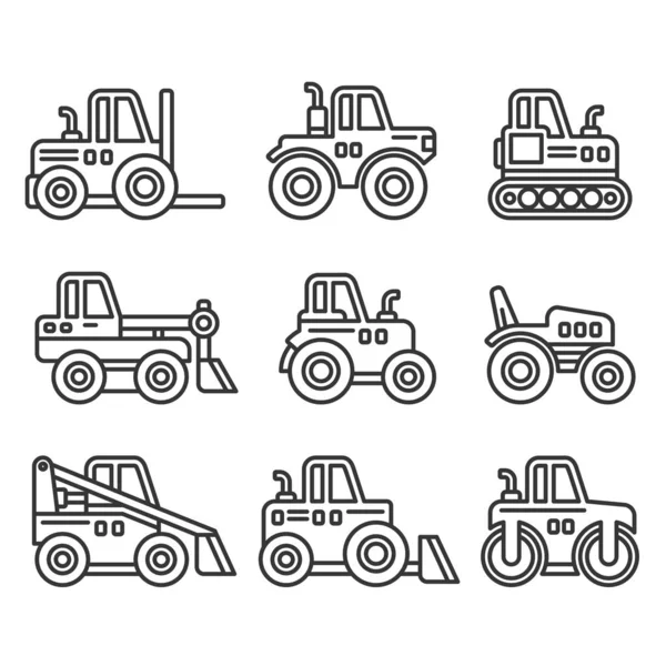 Trekkers, boerderij en gebouwen Machines Pictogrammen Set. Lijnstijlvector — Stockvector