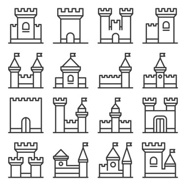 Beyaz arka plan üzerinde kale Icon Set. Satır stil vektör