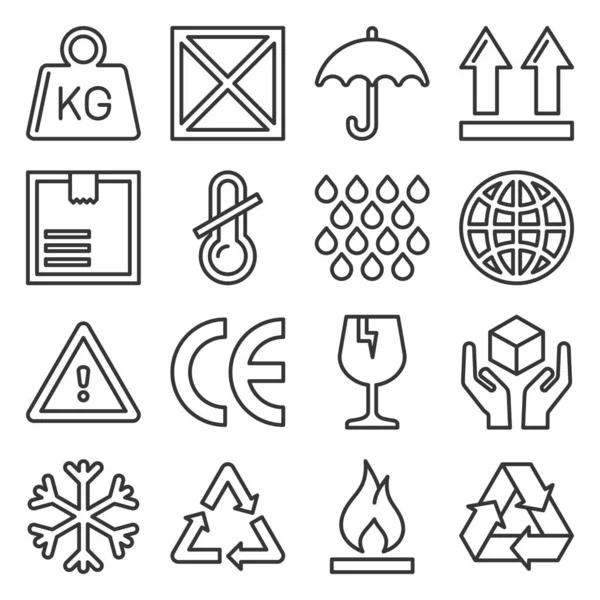Set di simboli per imballaggio e spedizione. Vettore stile linea — Vettoriale Stock