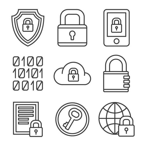 Conjunto de iconos de seguridad de tecnología de cifrado digital. Estilo de línea Vector — Vector de stock