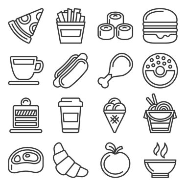 Fast Food Icons Set on White Background. Line Style Vector