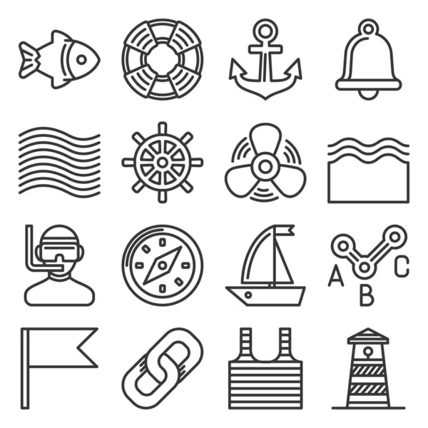 Sea Sailing Icons Set on White Background. Estilo de línea Vector — Archivo Imágenes Vectoriales