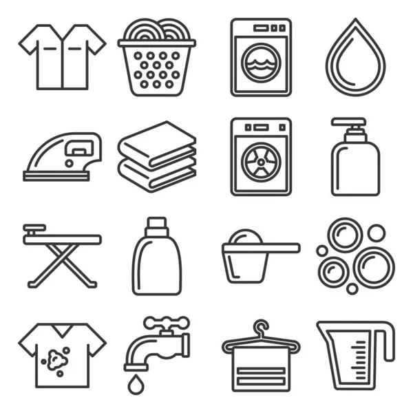 Conjunto de iconos de lavandería y trabajo doméstico. Estilo de línea Vector — Vector de stock