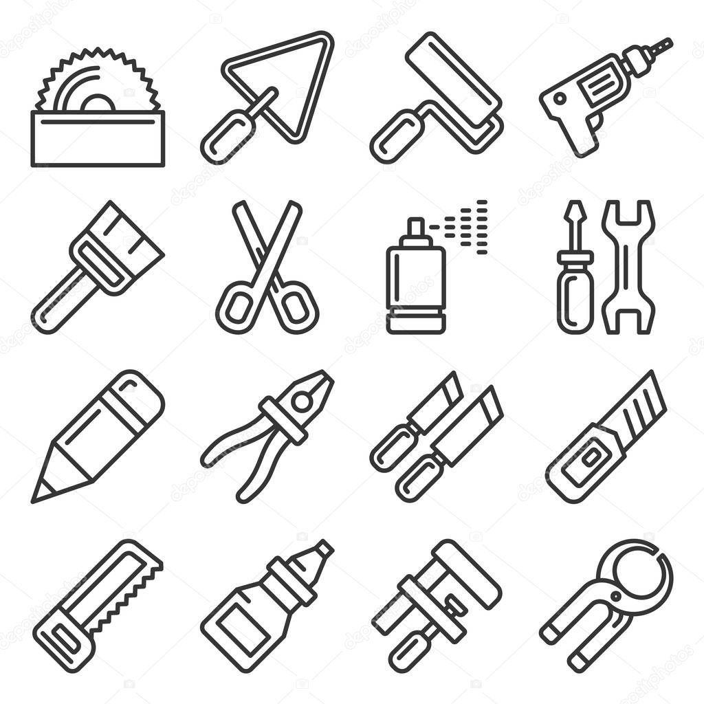 DIY Hand Tools Icons Set. Line Style Vector