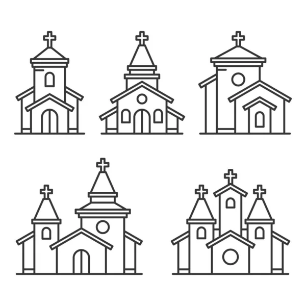 Church Building Pictogrammen ingesteld op witte achtergrond. Lijnstijlvector — Stockvector