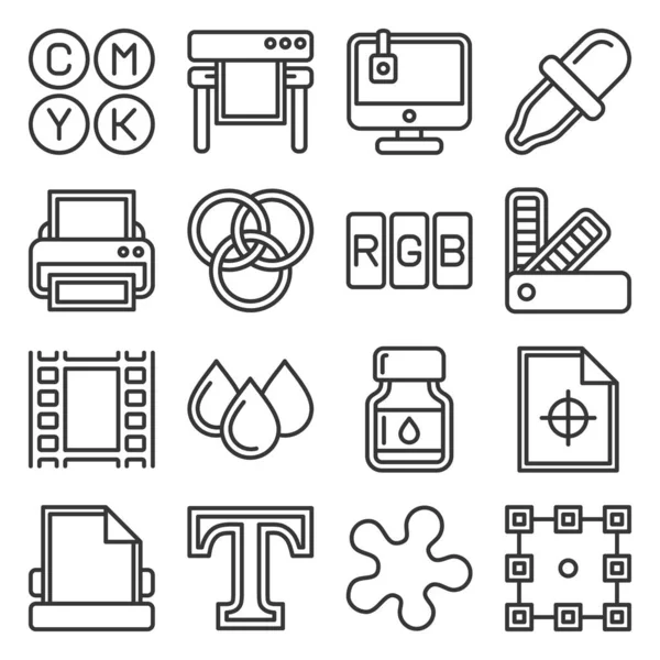 Iconos de impresión establecidos sobre fondo blanco. Estilo de línea Vector — Vector de stock