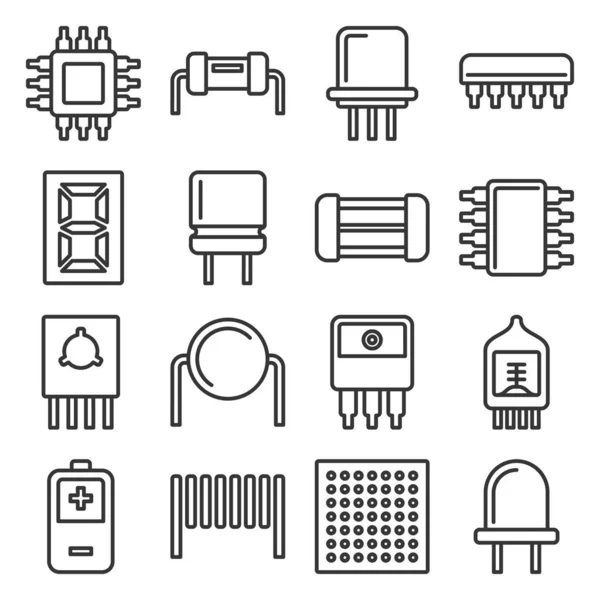 Elektroniska komponenter och mikrochip ikoner Set. Linjestil vektor — Stock vektor