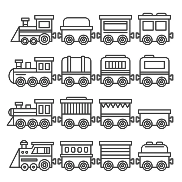 Simple Style Color Toy Trains and Wagons Set. Line Style Vector — Stock Vector