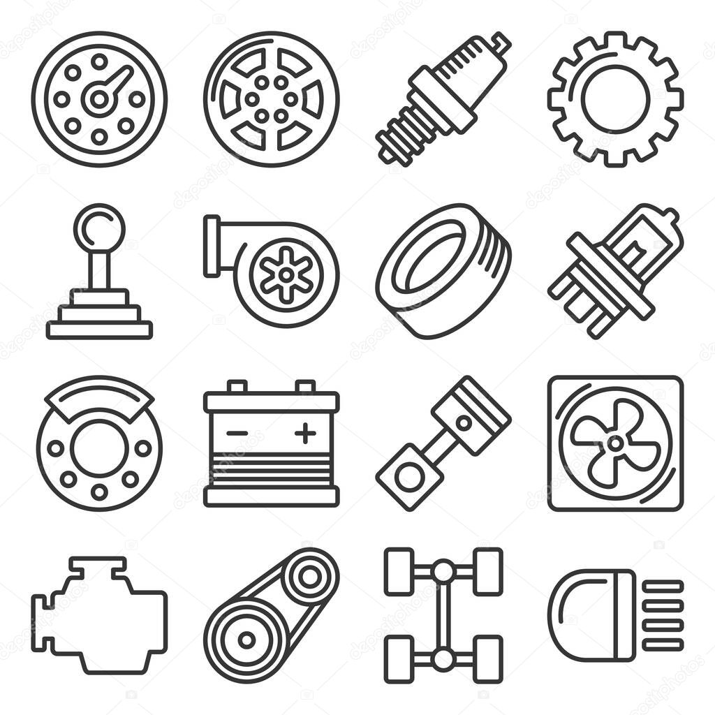 Car Parts Icons Set on White Background. Line Style Vector
