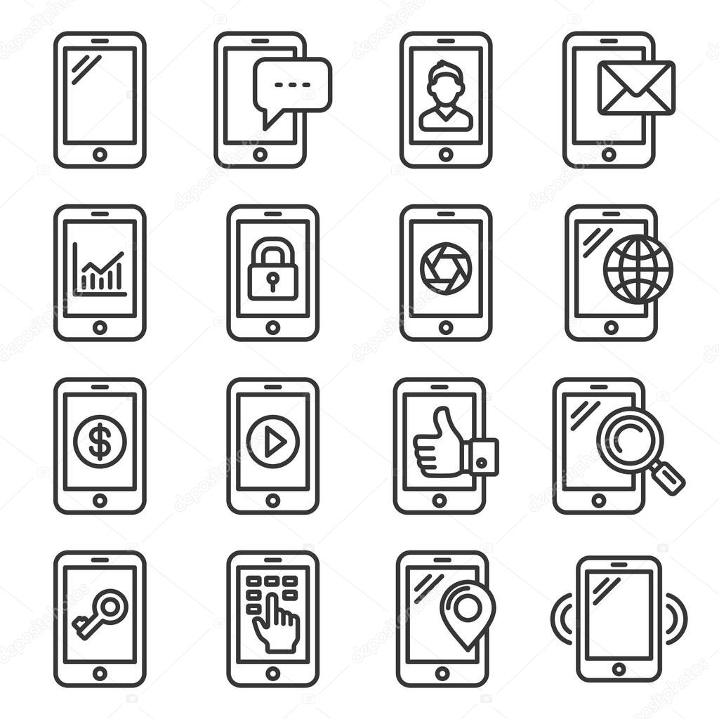 Mobile Phone Icons Set on White Background. Line Style Vector