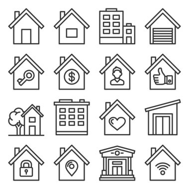 Beyaz Arkaplanda Ev Simgeleri Ayarlandı. Satır Biçimi Vektörü