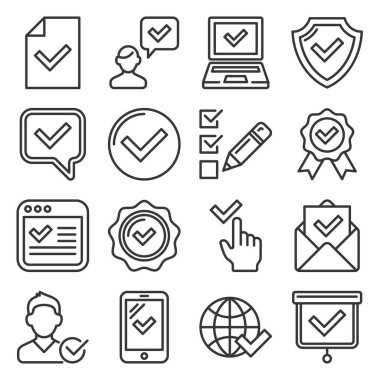 Approve and Check Icons Set on White Background. Line Style Vector