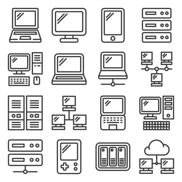 Icone hardware per computer impostate su sfondo bianco. Vettore stile linea — Vettoriale Stock