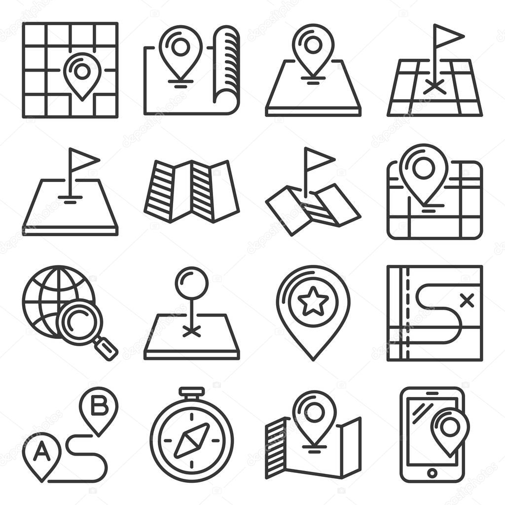 Map Icons Set on White Background. Line Style Vector