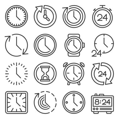 Beyaz Arkaplanda Zaman Simgeleri Ayarlandı. Satır Biçimi Vektörü